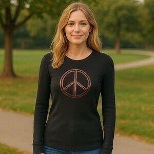 Y2K Lucky Brand Long Sleeve Sequin Peace Sign Thermal Top Bella Swan Country S